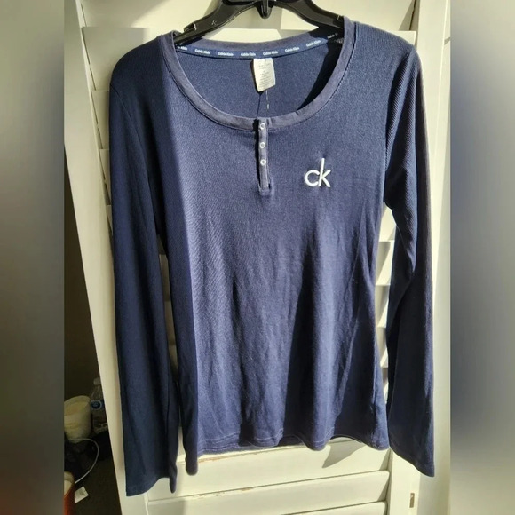 Calvin Klein Pajama Set Long Sleeve Shirt Loungewear Viscose  Dark Navy Size M L - Picture 2 of 11